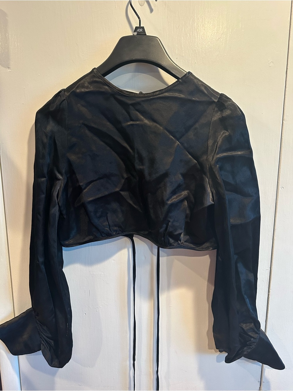 Zara Black Satin Cropped Blouse with Tie-Back